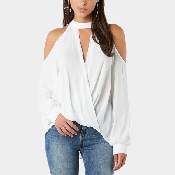 

women blouses 2019 spring cold shoulder elegant long sleeve blouse plain ol office shirt halter blusa feminina, White