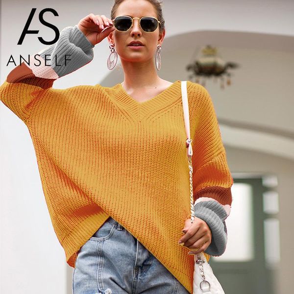 

anself sweater women knitted pullover splice color block long sleeves v neck knitting 2019 autumn casual sweater jumper lady, White;black
