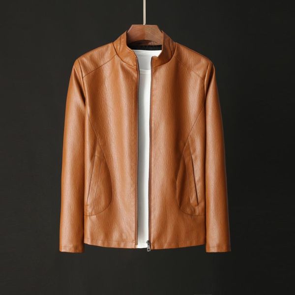 

autumn leather jacket male leisure long sleeve li collar leather coat men youth slim fit coat men's wear, Black