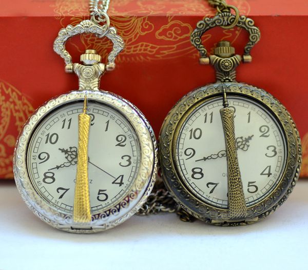 

quartz pocket watch large vintage fashion casual creative carved bronze canton tower silver white surface pocket watch, Slivery;golden