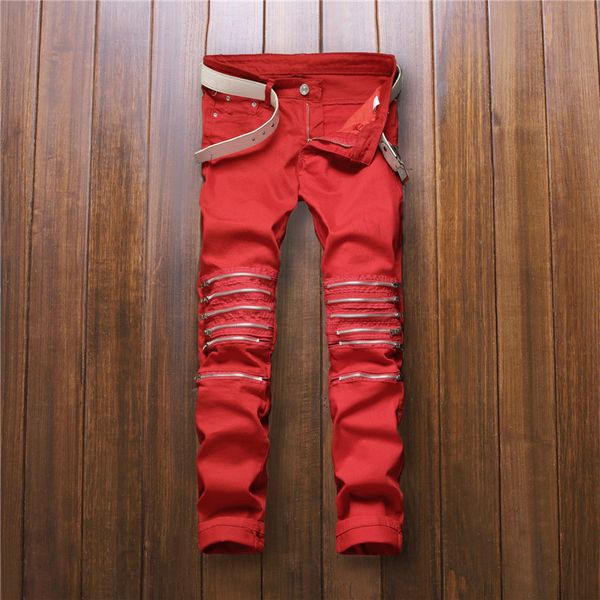 

2016 new fashion designer red stretch jeans men spandex jean pants with zipper slim fit pencil jeans size 30 to 36, Blue
