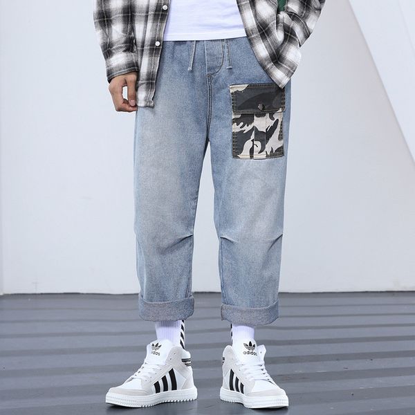 

jeans men 2019 new men's jeans japanese wide leg pants draped retro camouflage pocket overalls tide brand nine pants, Blue