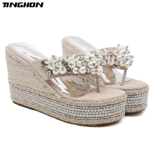 

tinghon summer wedge slippers platform high heels women pearls rhinestone outside shoes wedge slipper flip flop sandals, Black