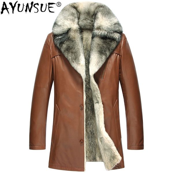 

ayunsue winter genuine leather jacket men real wolf fur liner long sheepskin coat for men plus size warm leather coats kj1366, Black