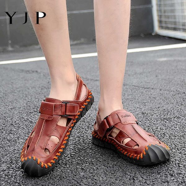 

yjp men leather sandals summer hand stitching shoes closed toe comfy soft causal fashion breathable beach flat slip on soft big, Black