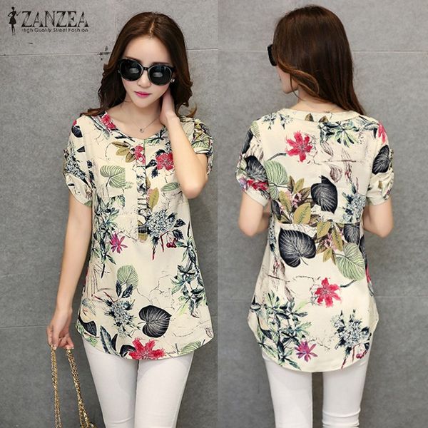 

zanzea women summer roll up short sleeve vintage shirt floral print blouse casual loose o neck blusas femininas plus size, White
