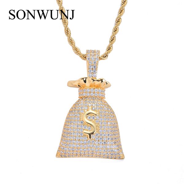 

brass setting cz hip hop us dollar $ mondy bag pendant copper micro pave cz stones necklace jewelry for men and women k3713, Silver