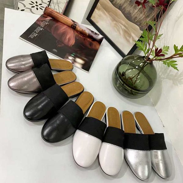

genuine leather slippers non-slip women fashion casual single shoes round toe slippers soft soles size 35-40, Black