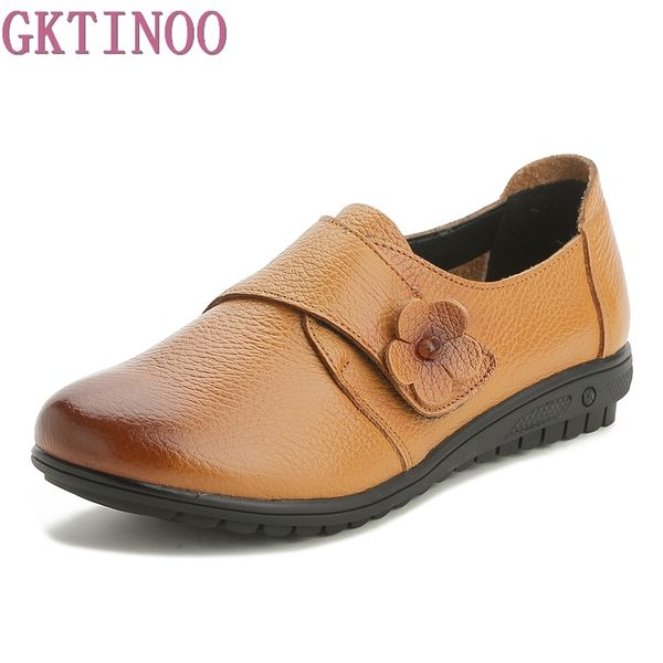 

gktinoo autumn fashion flower design round toe woman flat shoes vintage genuine leather women flats girl loafer plus size 35-43, Black