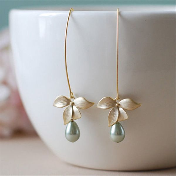

1 pair flower orchid imitation green pearl crochet hook dangling female fashion bohemian style gold dangle piercing jewelry, Silver