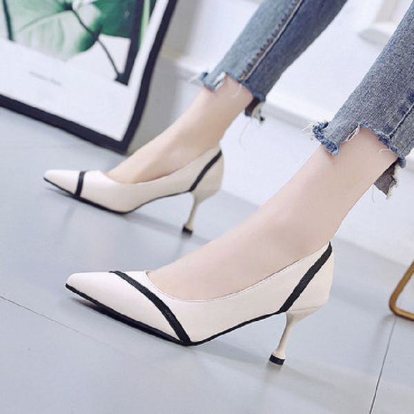 

pointed high heels 2019 autumn new temperament wild casual rice white simple foreign fashion single shoes, Black
