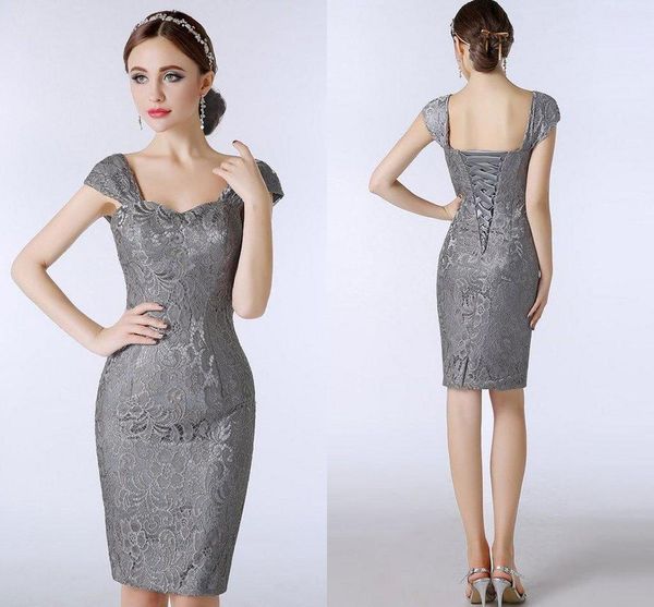 

Lace Silver Grey Mother of The Bride Dresses Knee Length Sheath With Capped Short Sleeves Custom Made Plus Size Women Evening Dresses Party