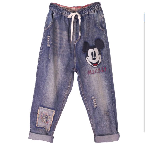 

blueberry white black feer embroidery do old hole haroun pants elastic waist bk4294, Blue