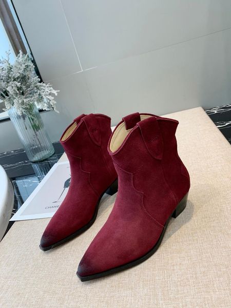 

concise 2019 autumn suede short boots women chunky heel knight boots fashion pointed toe slip on ankle for women, Black