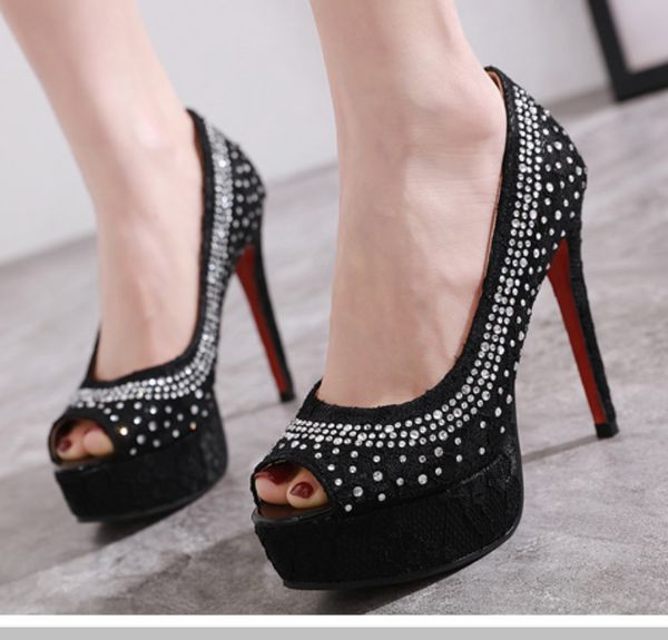 

2020 women's shoes fish mouth single shoe woman waterproof platform rhinestone shallow mouth fine with shoe hy3128, Black
