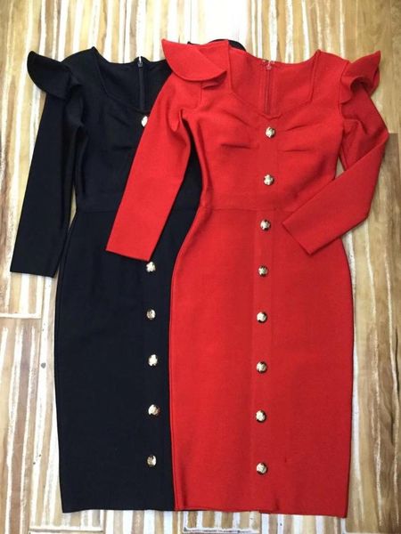 

vestido bandage midi dress autumn winter 2019 new women red black bandage dress long sleeve bodycon club party bottons, Black;gray