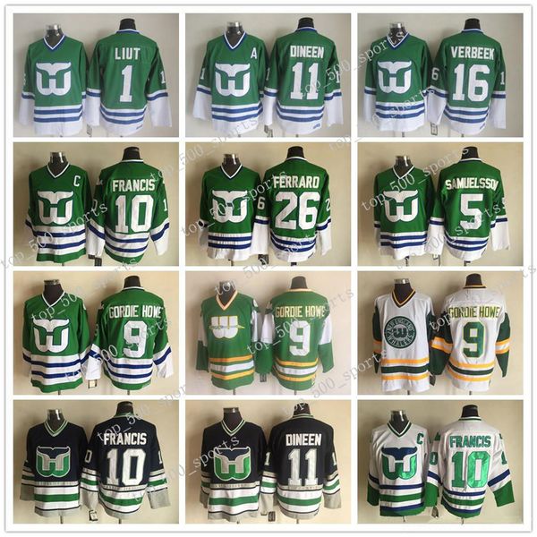 

vintage hartford whalers 10 ron francis 9 gordie howe 26 ray ferraro ulf samuelsson dineen verbeek mike liut green white ice hockey jerseys, Black;red