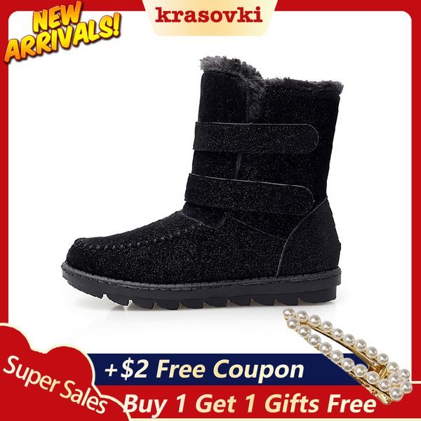 

krasovki snow boots round toe flat bottom dropshipping plush fashion flat bottom fur hook loop breathable causal ankle boots, Black