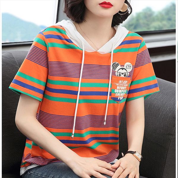 

hooded t-shirt women's short-sleeved summer hat 2020 large size striped with hat half-sleeved loose stylish ins, White