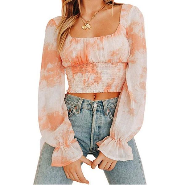 

fashion women long sleeve pullover blouses casual tie dye squre collar wrap short blouse streetwear frill ruffle waist camis, White