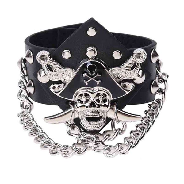

metal pirate skull punk chain leather bangle wristband men, Black