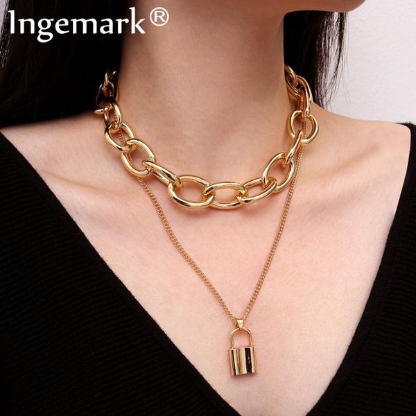 

ingemark punk lover's lock pendant choker necklace boho clavicle golden thick chain necklace collier valentine's day gift 2020, Silver