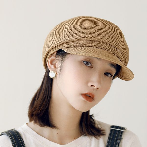 

female grass woven sunscreen straw beret straw hat seaside holiday beret navy wind sunscreen hat, Blue;gray