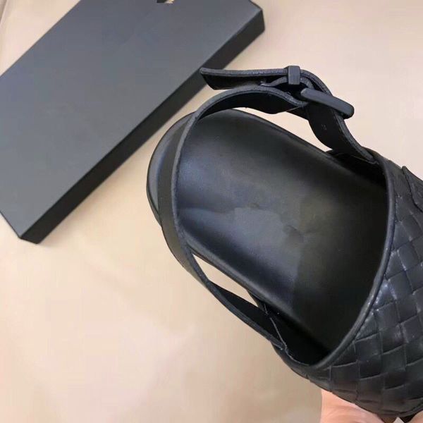 

brand designer handmade weave mens summer sandals 100% real leather flats sandals beach slippers casual comfort platform shoes, Black