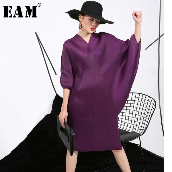 

eam] 2020 spring trendy new crimp bat sleeve design big size loose large size solid color dress women fashion fu11191, Black;gray