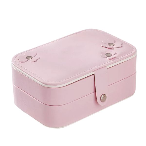 

carrying jewelry box gift rectangle portable case women organizer small makeup mirror earrings ring double layer storage travel, Pink;blue