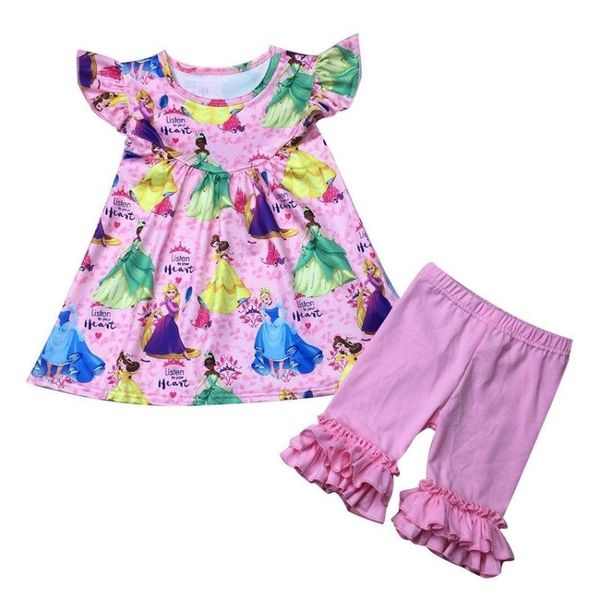 

children outftis cotton ruffle with cute print ruffles shorts set, White