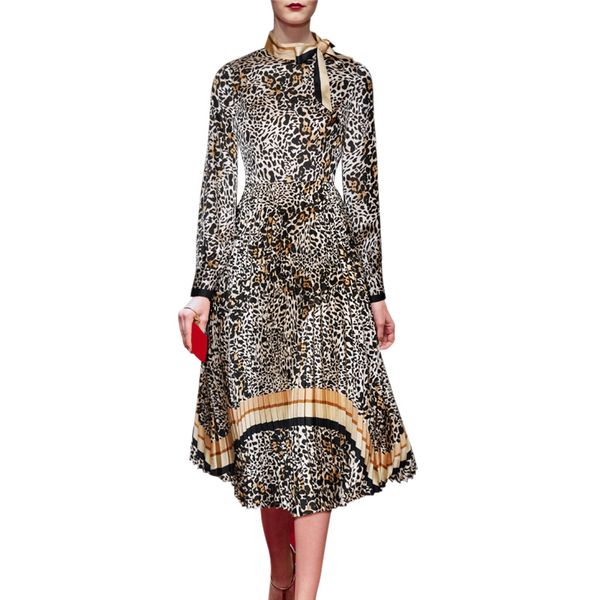 

runway winter 2018 women animal print lady fashion clothes leopard dress sash bow collar long sleeve pleated midi dress sale, Black;gray