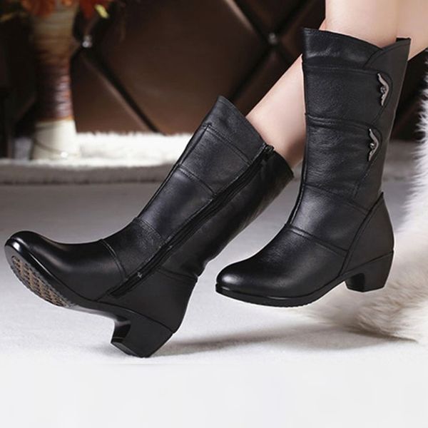 

junfengniao fashion women flats genuine leather cow rubber zipper round toe mid calf winter fur lining plush superstar gzxm, Black