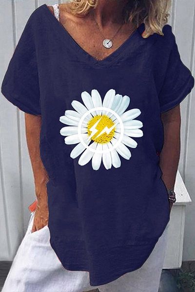 

selling women's v-neck short-sleeved daisy printed selling women's v-neck short-sleeved daisy printed t-shirt t-shirt, White