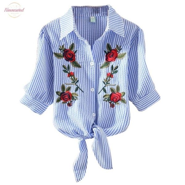 

embroidery flower strip blusas 2020 femme blouse shirt lace up summer turn down collar shirts clothes, White