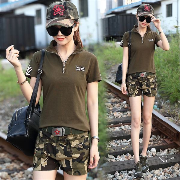 

камуфляж футболка вскользь stand collar хлопок камуфляж металл короткого рукав футболка женская молния молния лето мода, White