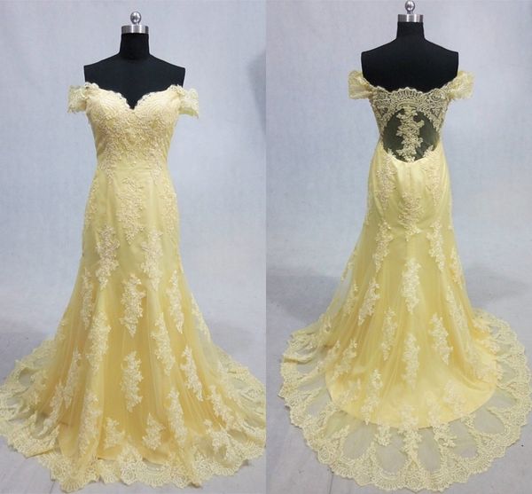 Light Yellow Tulle Lace Mermaid Prom Dresses 2019 Off The Shoulder