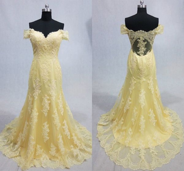 Abiti da ballo a sirena in pizzo giallo chiaro in tulle 2019 Abiti da sera eleganti da cerimonia con applicazioni a maniche corte con spalle scoperte Plus Size Long