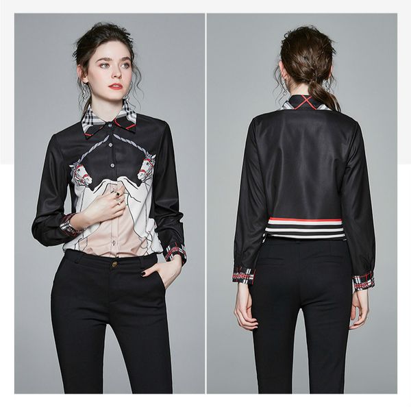 

new 2020 fashion designer elegant shirts women runway long sleeve lapel neck casual ladies button shirt blouses printed office shirts, White