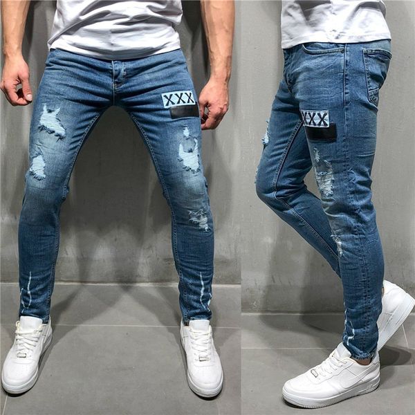 

new jeans men's classic solid color street wear broken denim feet slim pencil pants casual sports pants men's fitness men jeans, Blue