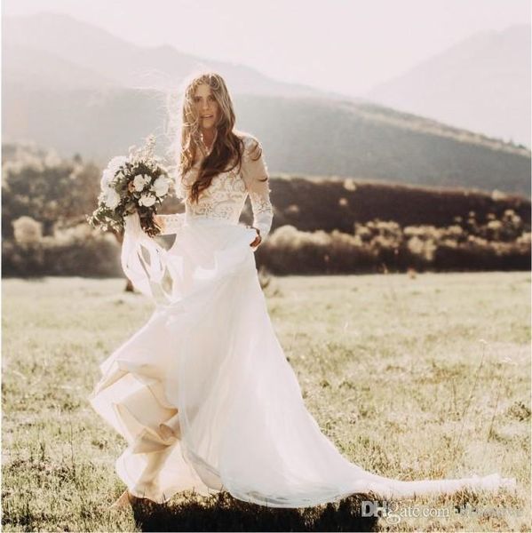 

2020 western garden wedding dresses a line sheer long sleeve bateau neck lace applique chiffon boho bridal gowns, White