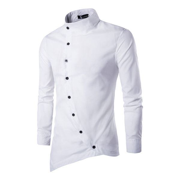 

2019 newly men slanting multi-button long sleeve slim shirt standing collar solid color simple design shirt ir-ing, White;black
