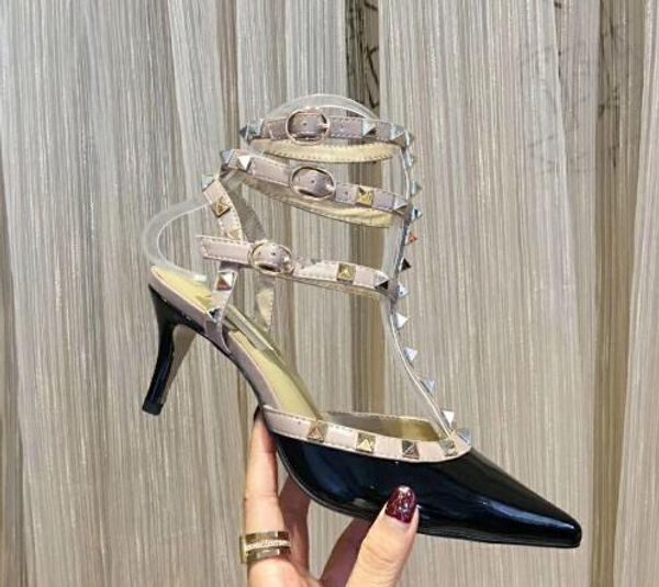 

бренд женщины насосы свадебные туфли женщина высокие каблуки сандалии обнаженная мода лодыжки ремни заклепки обувь сексуальные высокие каблу, Black