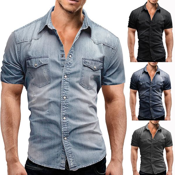 

summer casual shirt men short-sleeved solid color denim shirt men large size loose fit fashion denim, White;black