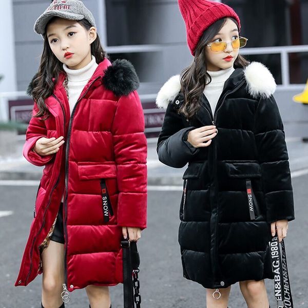 

new 2019 fashion children winter jacket girl winter coat kids warm thick fur collar hooded long down coats for teenage 3y-14y, Blue;gray