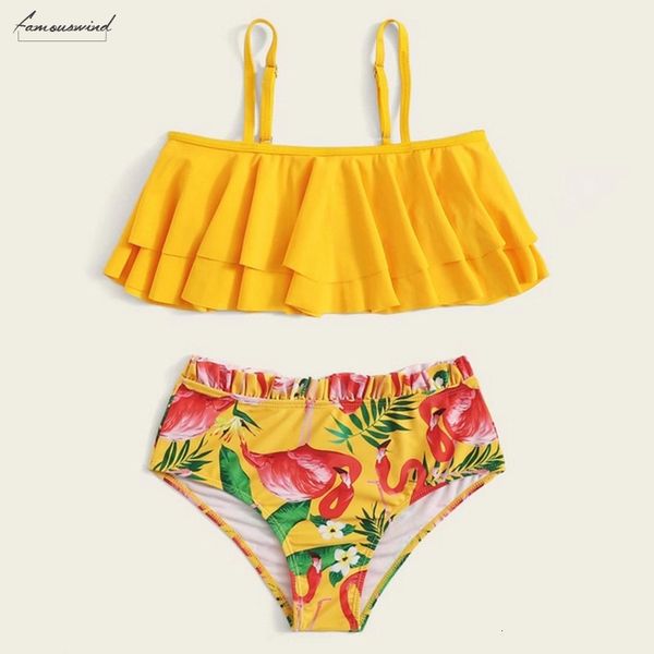 

2020 lovely 2pcs swimsuit baby girls ruffle floral bikinis sets kids child flamingo swimwears high waist bathing suit beachwears, White;black