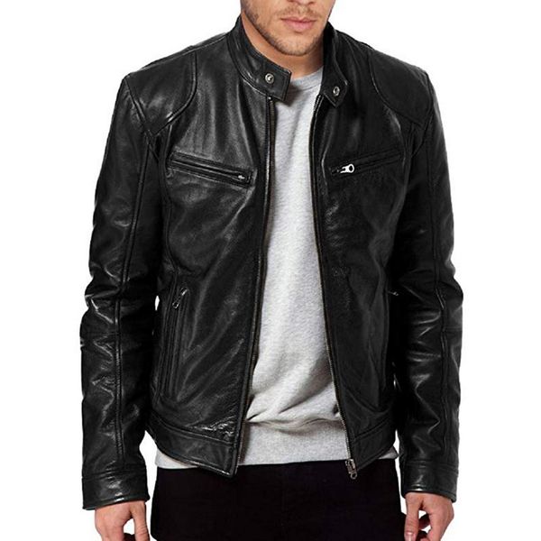 

oeak autumn winter male long sleeve jackets and coats solid leather stand collor zipper motorcycleg jacket biker jackets, Black