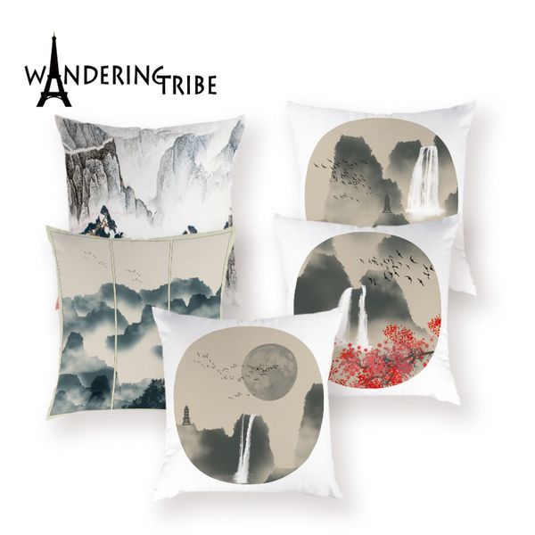 

ink landscape painting throw pillow case retro decorative cushions for sofa scenic cushion cover lotus print pillows cover cases