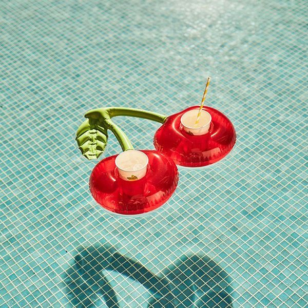 

new cherry shaped red swimming pool drink holders party inflatable pool accessories double kids swimming floating