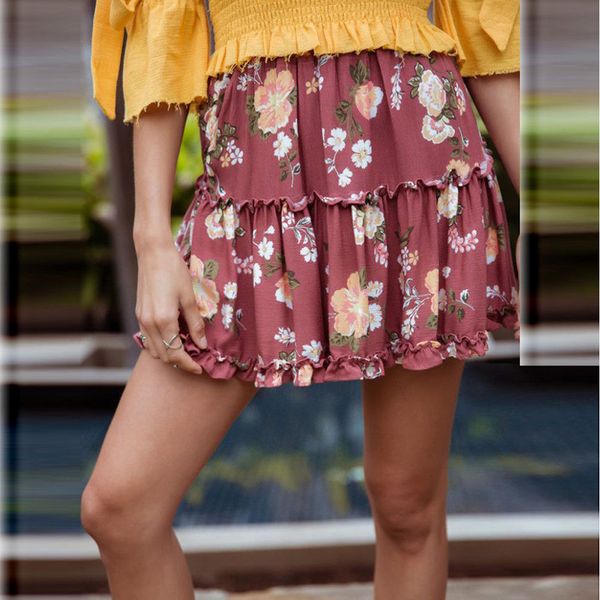

Summer BOHO Women's Casual Skirt Loose Floral Chiffon Full Mini Skirt Beachwear Woman Ladies Skirts